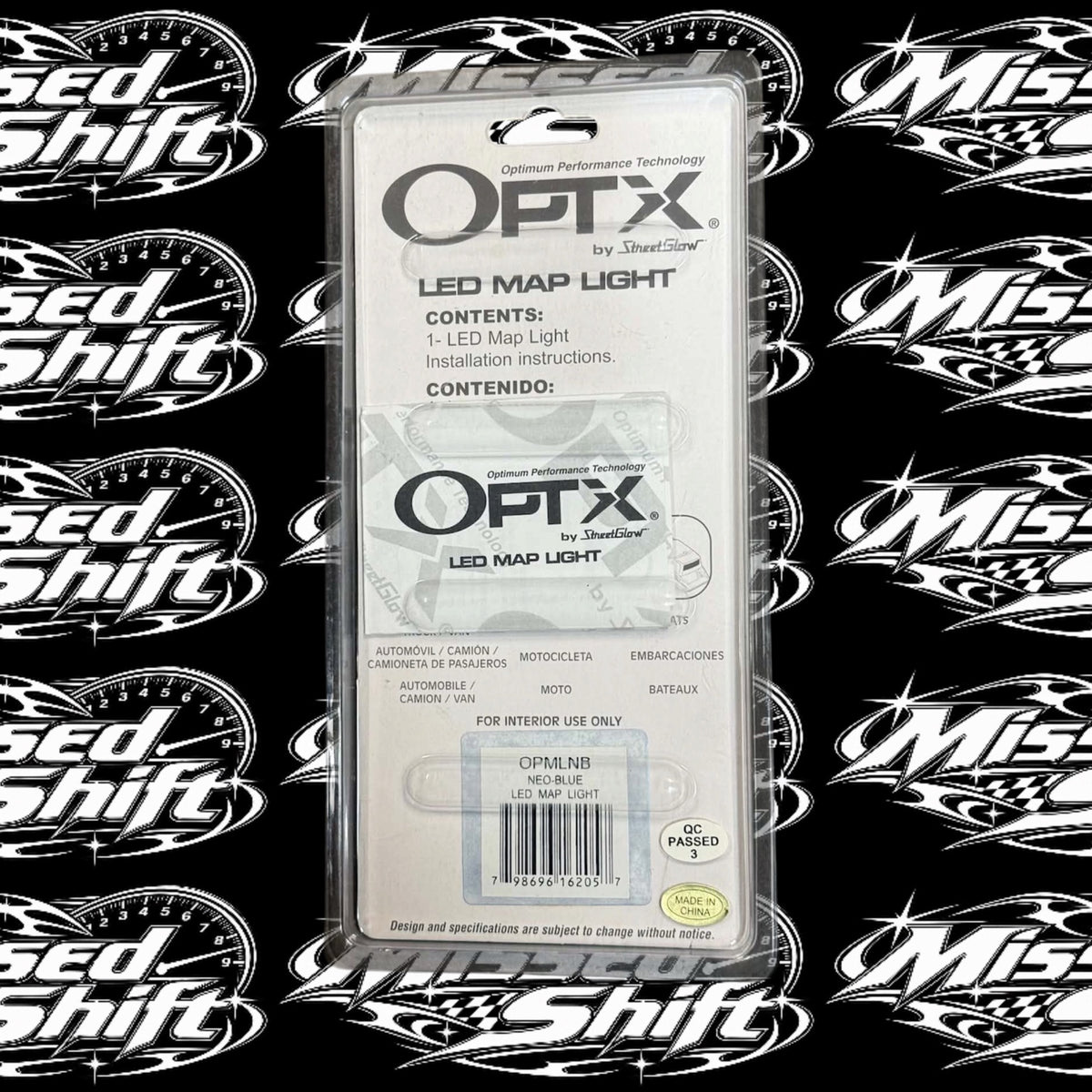 Back of OPTX by StreetGlow Neo Blue LED map light package on repeating Missed Shift logo background