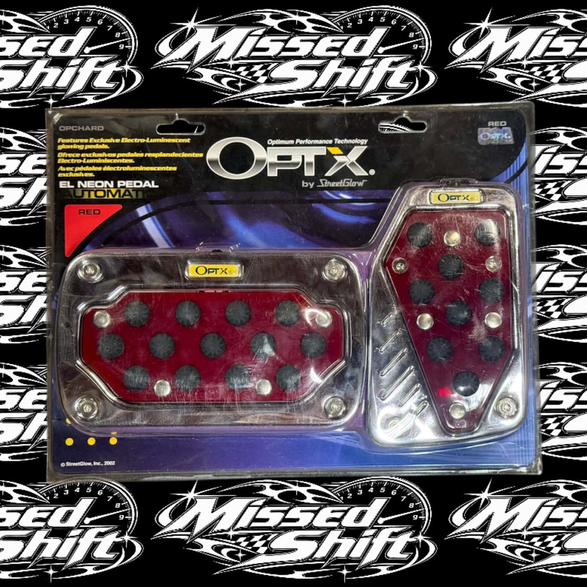 Front of sealed OPTX red chrome EL neon automatic pedal set with Missed Shift logo background