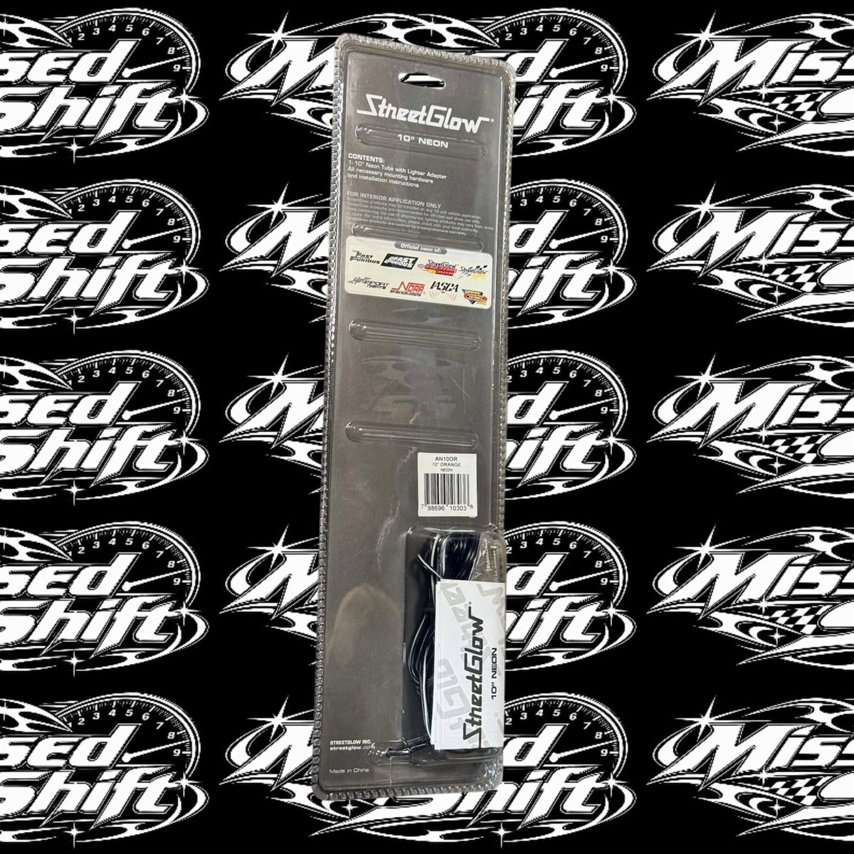 StreetGlow 10 inch orange neon tube back packaging on repeating Missed Shift logo background