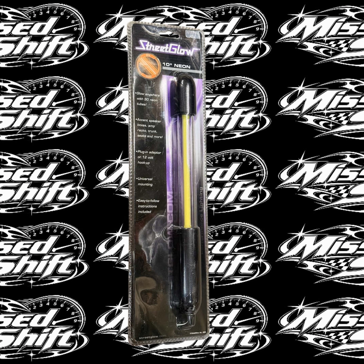 StreetGlow 10 inch orange neon tube front packaging on repeating Missed Shift logo background